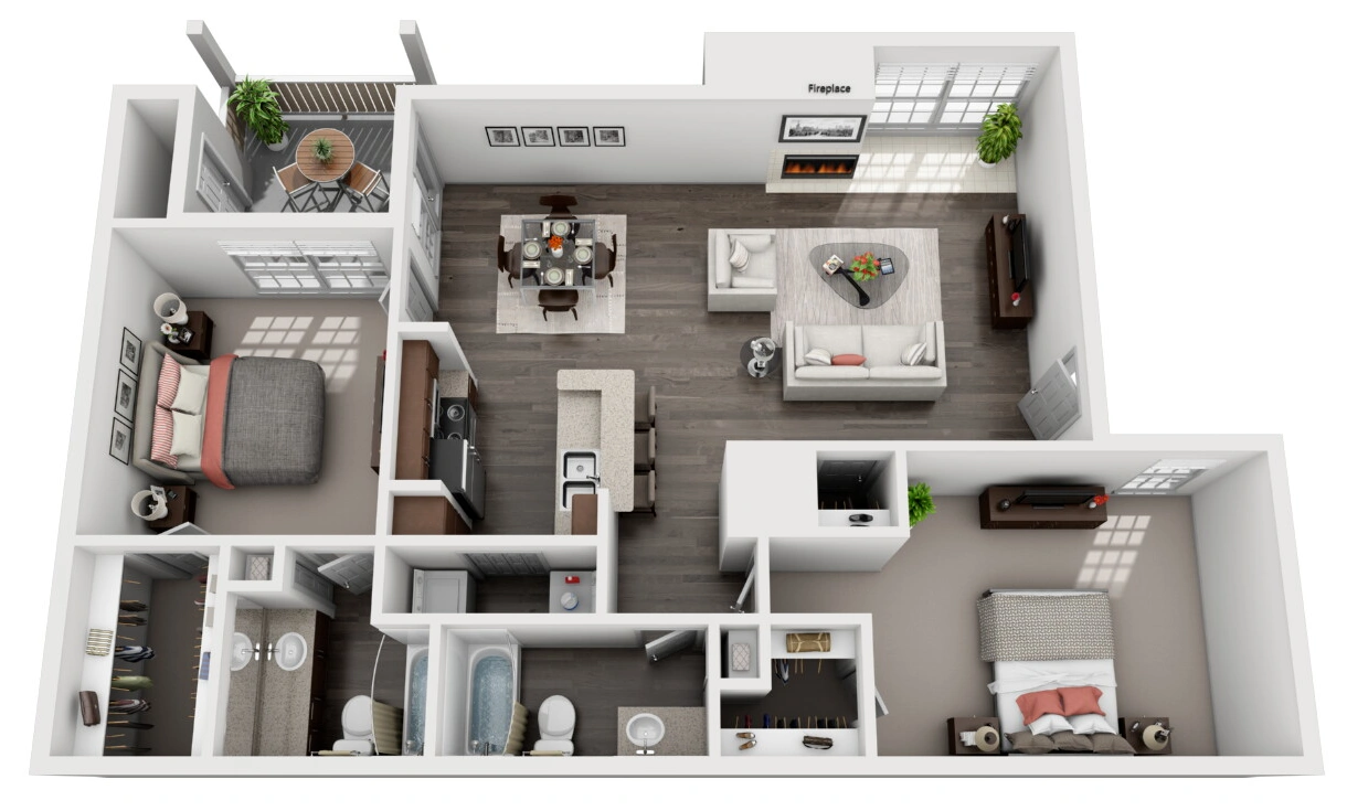 Plan B1 two bedroom apartment floor plan at Village Green of Bear Creek