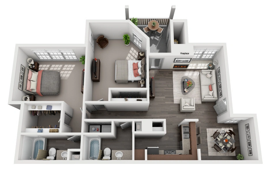 Plan B2 two bedroom apartment floor plan at Village Green of Bear Creek