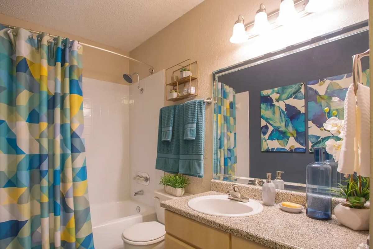 Contemporary bathroom and vanity area inside an apartment at Village Green of Bear Creek in Euless, Texas